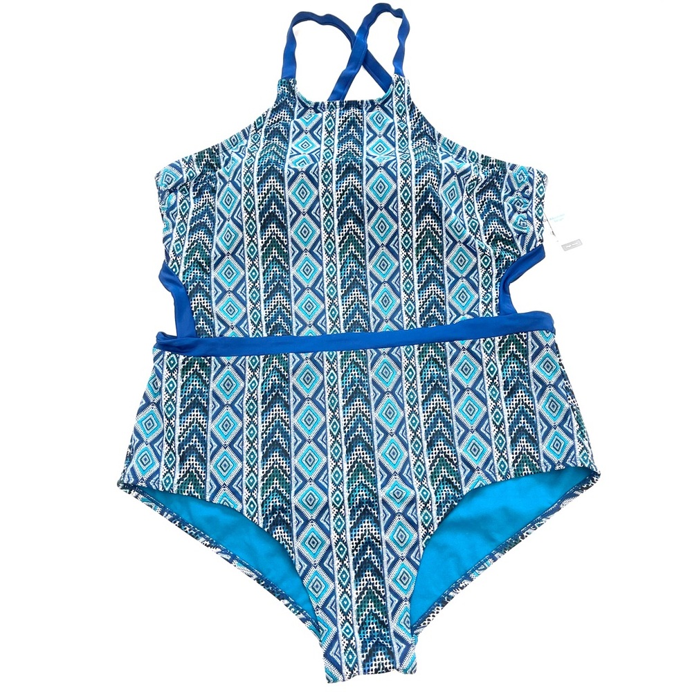 Time and Tru Plus Size One Piece Swimsuit Geometric Print with Open Back